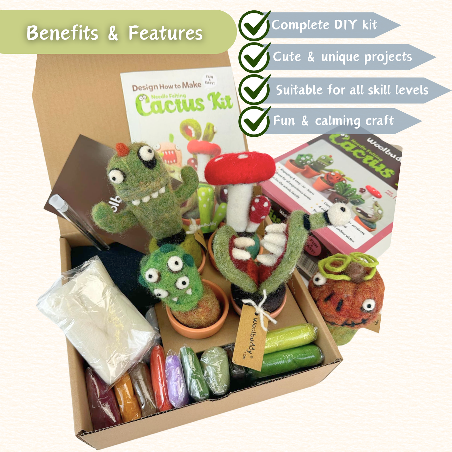 DIY Needle Felting Cactus Kit – 6 Monster Plants Design