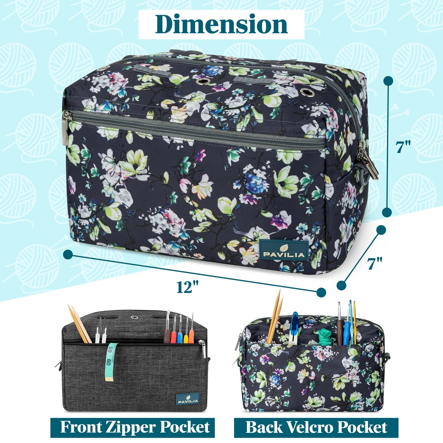 Yarn Organizer Floral Gray Project Bag
