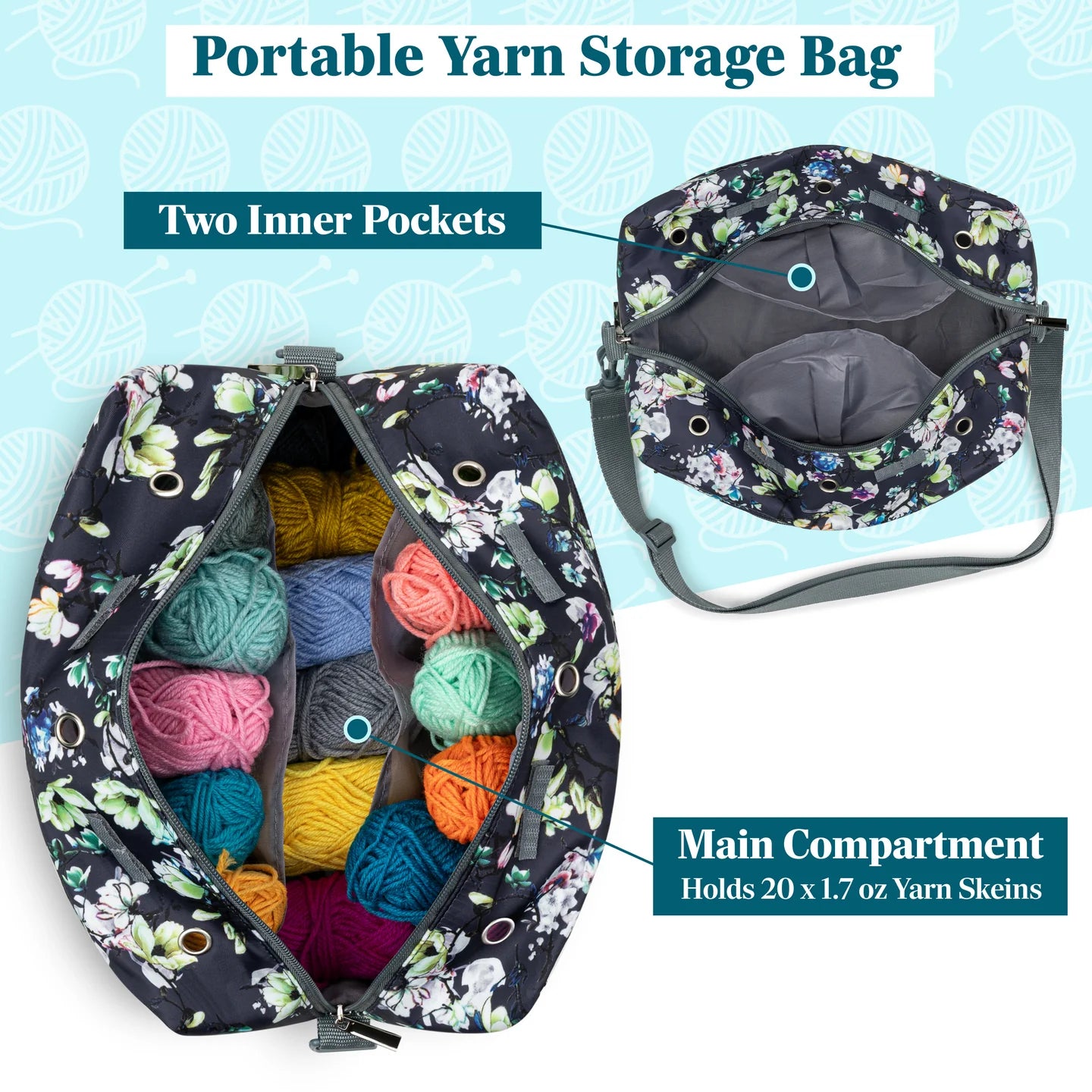 Yarn Organizer Floral Gray Project Bag